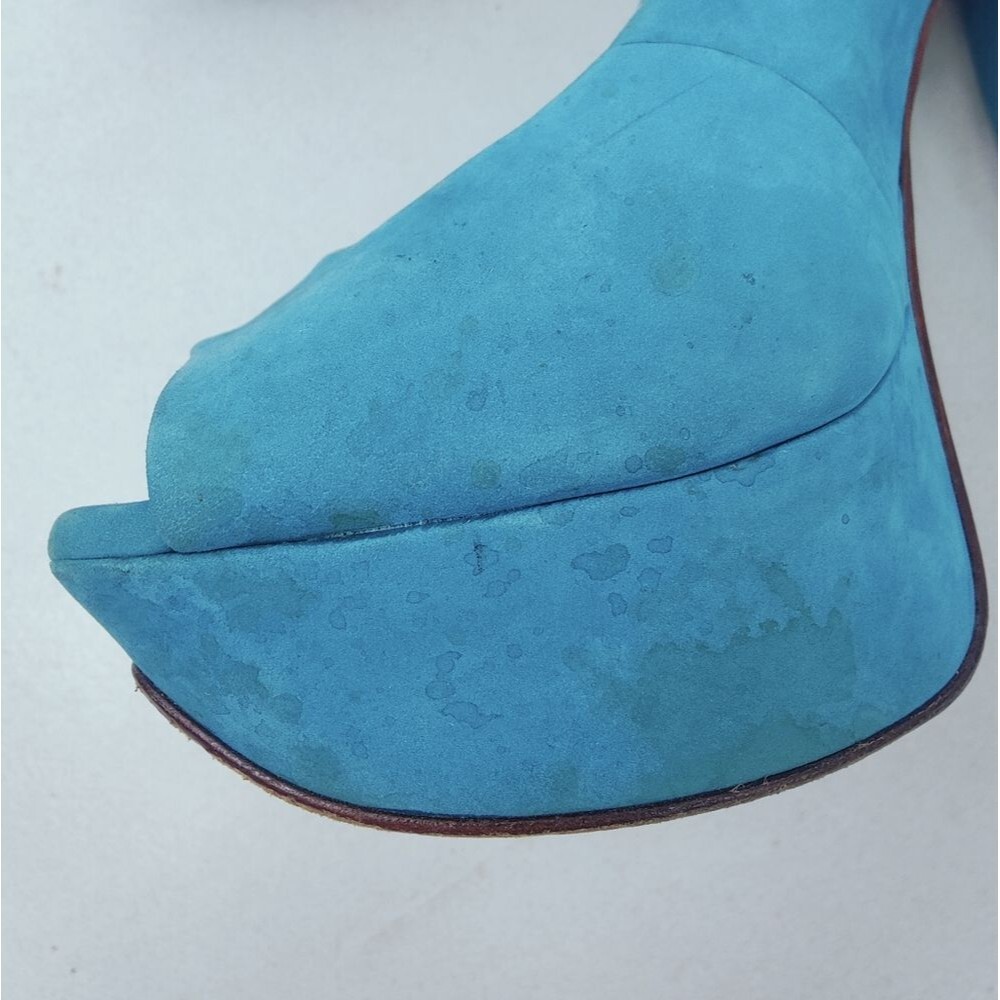 Schutz Turquoise Leather Textile Y2K Style Chunky Platform Peep Toe Heels, 7 - Picture 15 of 15